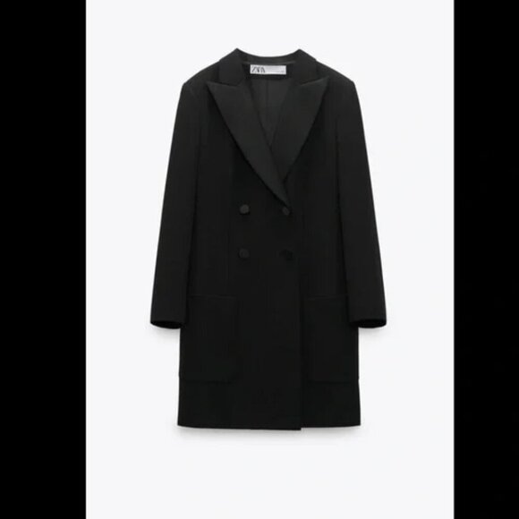 ZARA BLACK COLLARED DOUBLE-BREASTED BLAZER JACKET DRESS WITH POCKETS SIZE M NWT - Picture 9 of 10